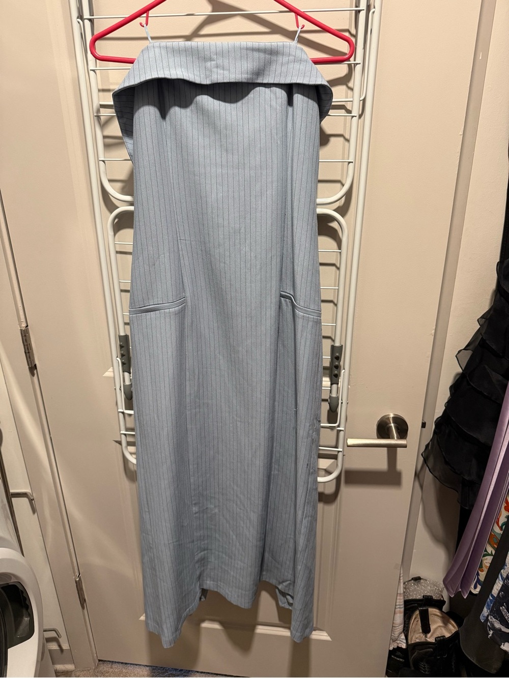 Light Blue Pinstripe Strapless Midi Dress